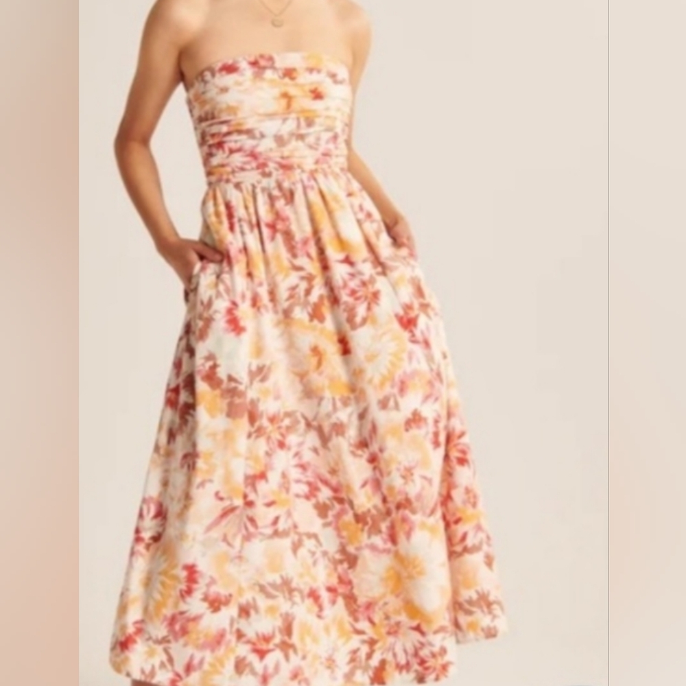 Abercrombie & Fitch Strapless Floral Midi Dress in Pink & Yellow